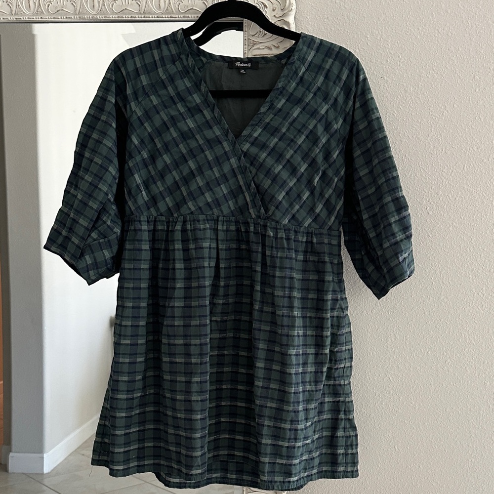 Madewell Marianna Puff-Sleeve Tartan Dark Plaid Long Sleeve Mini Dress